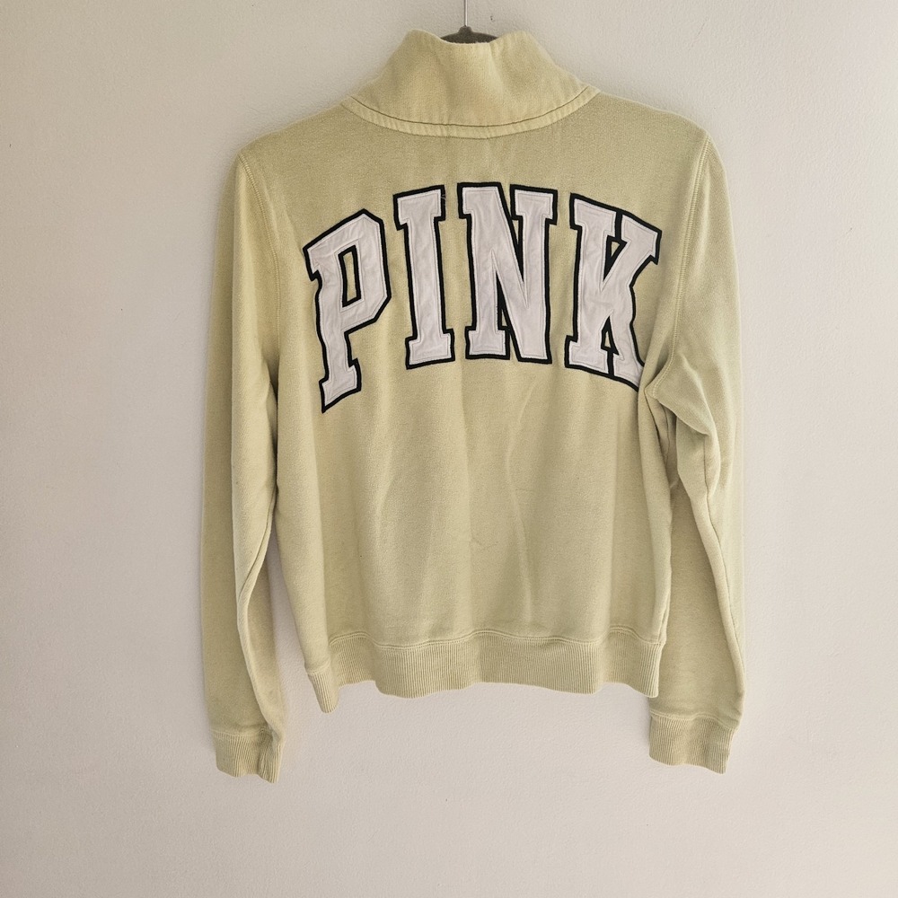 Y2K Victoria Secret L Love PINK Pullover 1/4 Zip Sweater Yellow Spellout Logo